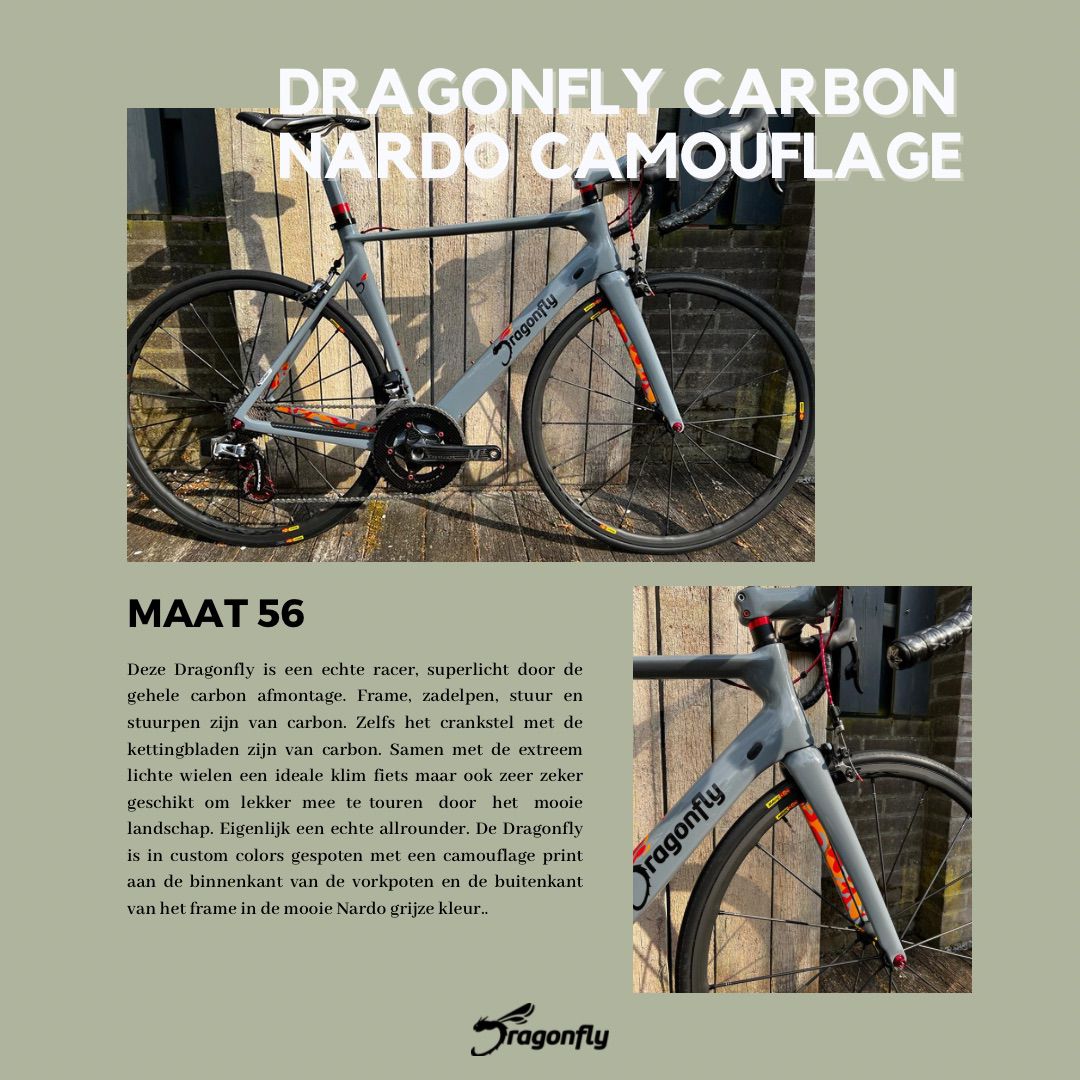 Het zijaanzicht van de Dragonfly carbon nardo camaflauge fiets bij D-bikes.nl